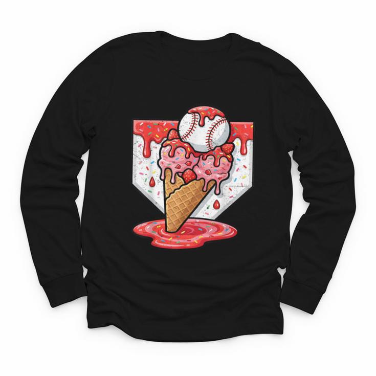 Baseball Ice Cream Drip Baseball Strawberry For Youth Red Youth Long Sleeve Tee