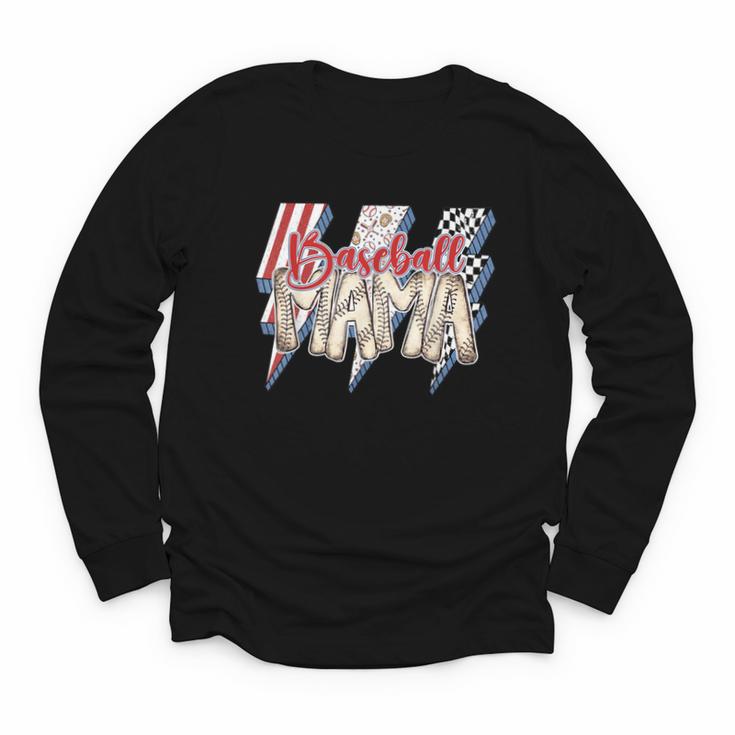 Baseball Mama Lightning Bolt Checkered Varsity Mother's Day Youth Long Sleeve Tee