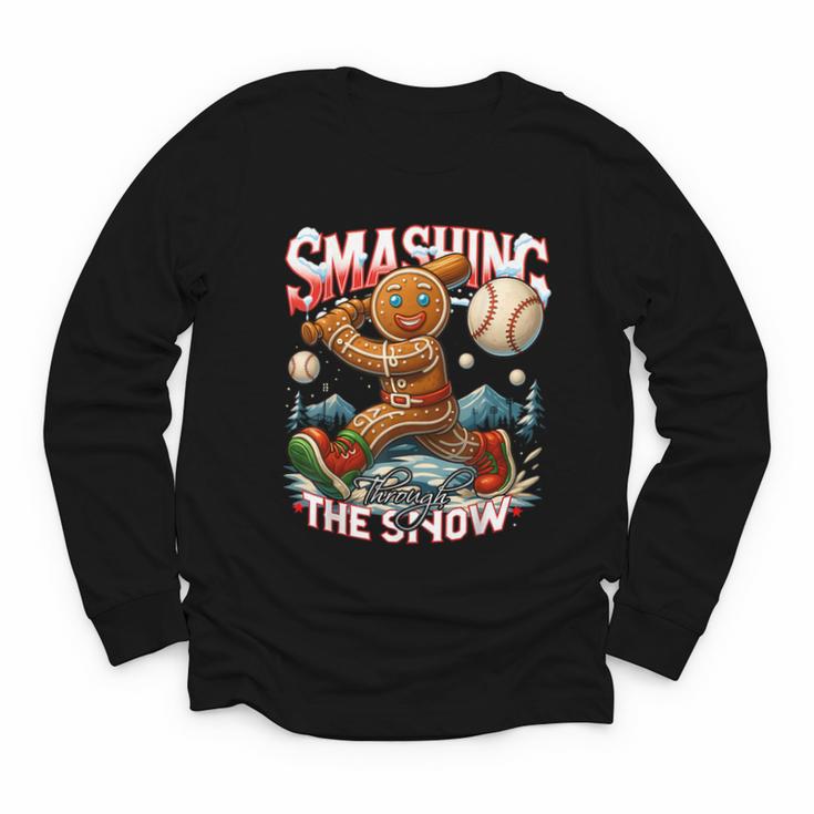 Baseball Player Christmas Gingerbread Smashing Through Snow Youth Long Sleeve Tee