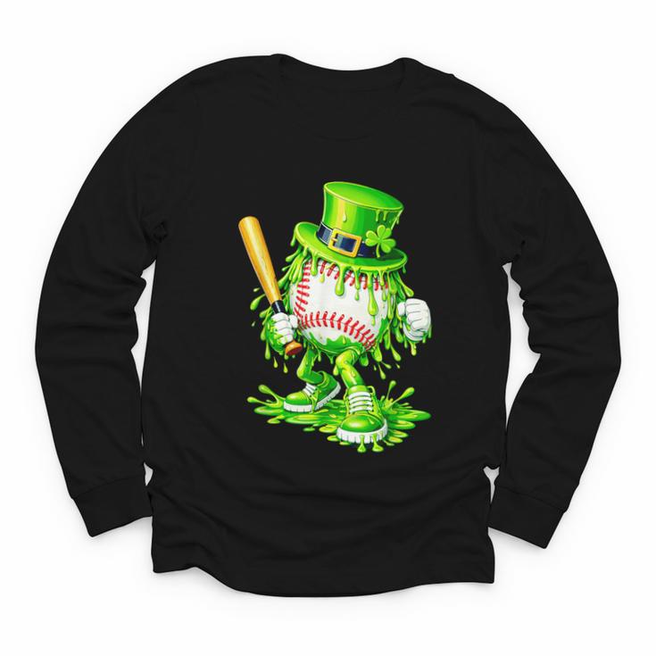 Baseball Player Ice Cream Drip Shamrocks St Patrick's Day Youth Long Sleeve Tee