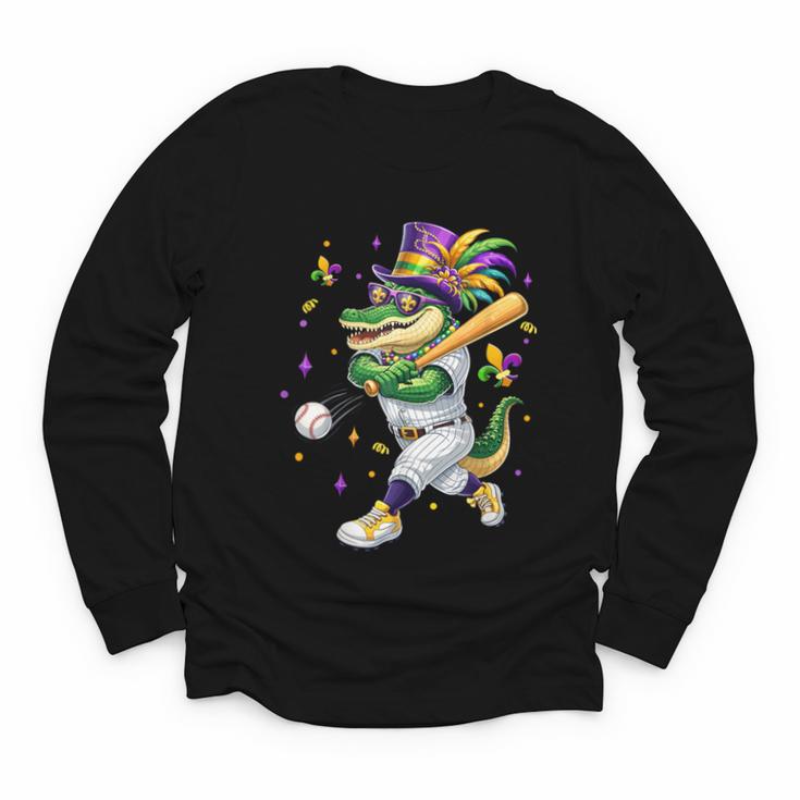 Baseball Player Mardi Gras Alligator Carnival Costume Beads Youth Long Sleeve Tee