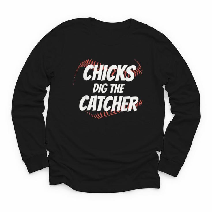 Baseball Seams Chicks Dig The Catcher Youth Long Sleeve Tee