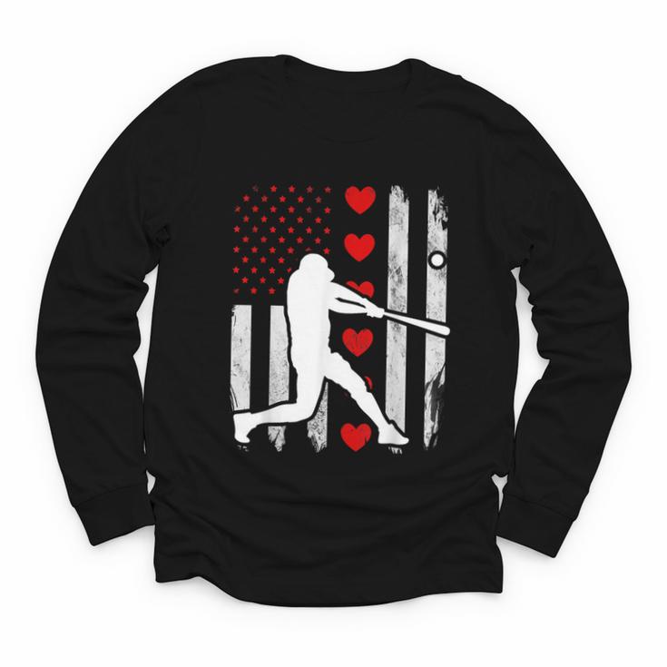 Baseball Silhouette Heart USA Flag Hearts American Boys Kids Youth Long Sleeve Tee