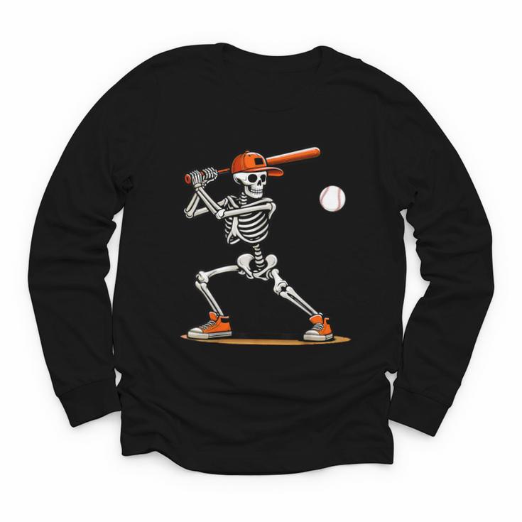 Baseball Skeleton Spooky Boys Halloween Baseball Player Youth Long Sleeve Tee