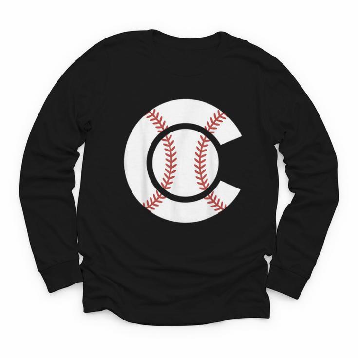 Baseball Sport Player Graphic Monogram Initial Letter C Youth Long Sleeve Tee