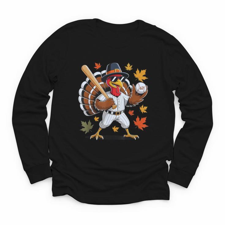 Baseball Turkey 67 Meme Thanksgiving For Boys Toddlers Kid Youth Long Sleeve Tee