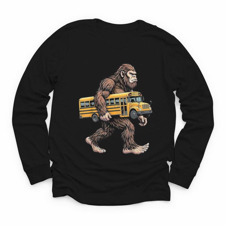 Bigfoot Carrying School Bus Sasquatch Back To School Youth Long Sleeve Tee