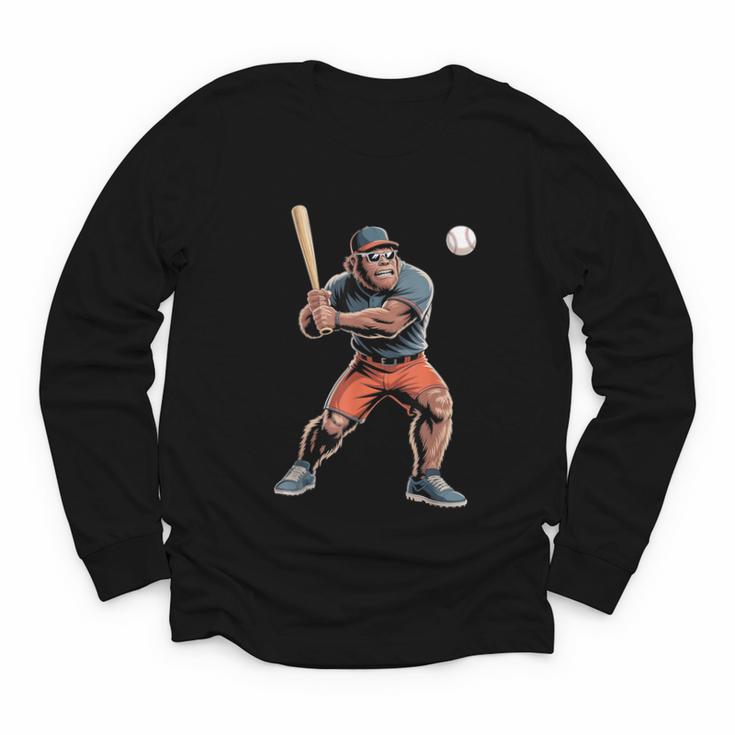 Bigfoot Playing Baseball Boys Kids Men Baseball Player Youth Long Sleeve Tee