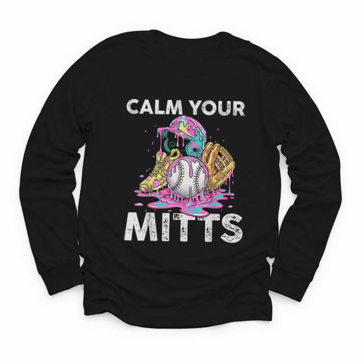 Calm Your Mitts Baseball Ice Cream Drip Crossed Bats Sport Youth Long Sleeve Tee