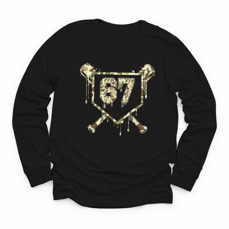 Camo Baseball Ice Cream Drip Number 67 Player 67th Birthday Youth Long Sleeve Tee