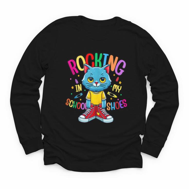 Cat Rocking I n My School Shoes Back To School Student Youth Long Sleeve Tee