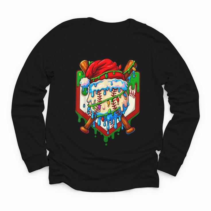 Christmas Baseball Ice Cream Drip Santa Baseball Player Kids Youth Long Sleeve Tee