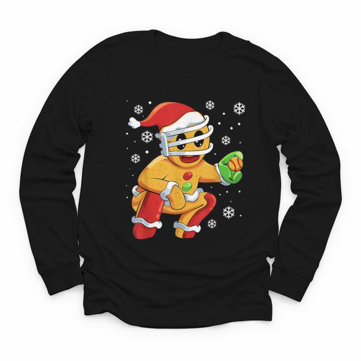 Christmas Gingerbread Man Baseball Player Catcher Youth Long Sleeve Tee