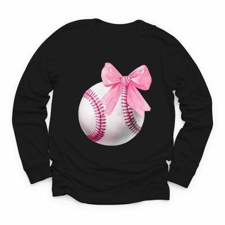 Cute Coquette Baseball Pink Bow Player & Fan Girls Youth Long Sleeve Tee