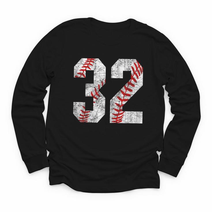 Distressed Baseball Number 32 Jersey Uniform Player Fan Youth Long Sleeve Tee