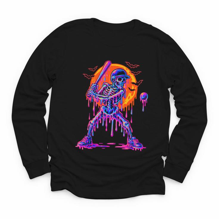Drip Skeleton Batting Baseball Halloween Youth Long Sleeve Tee