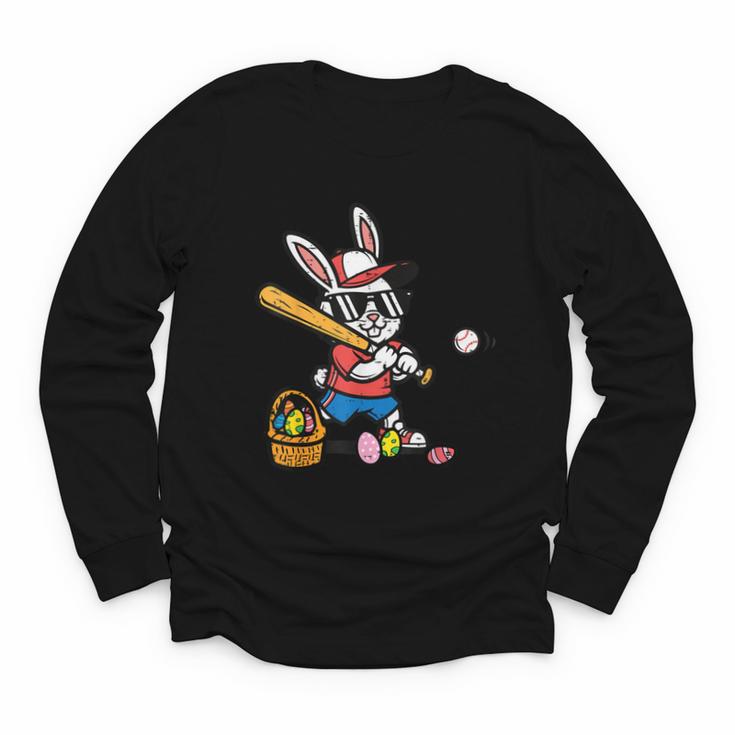 Easter Bunny Baseball Player Batter Rabbit Boys Kids Men Youth Long Sleeve Tee
