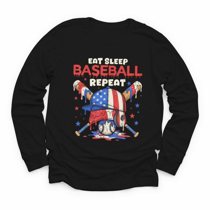 Eat Sleep Baseball Repeat Ice Cream Drip Crossed Bats Youth Long Sleeve Tee