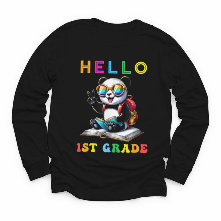 Hello First Grade Panda Lover Back To School Kids Boys Girls Youth Long Sleeve Tee