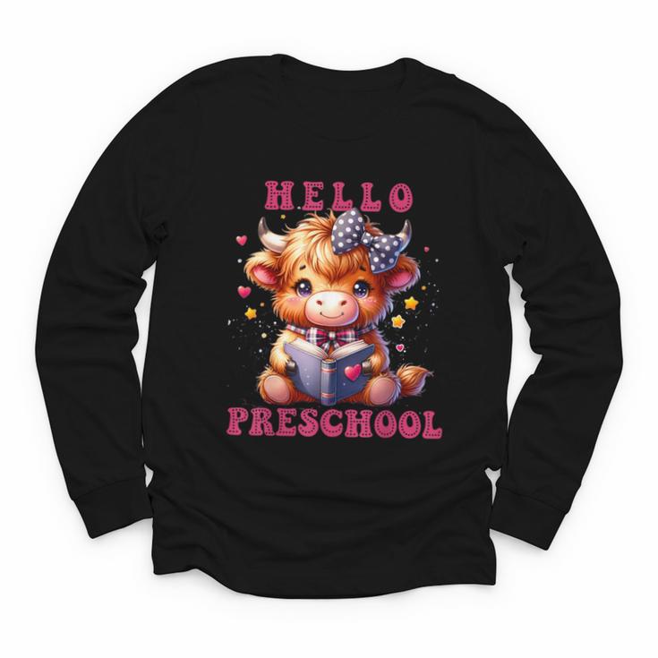 Hello Preschool Cute Highland Cow Lover Back To School Youth Long Sleeve Tee
