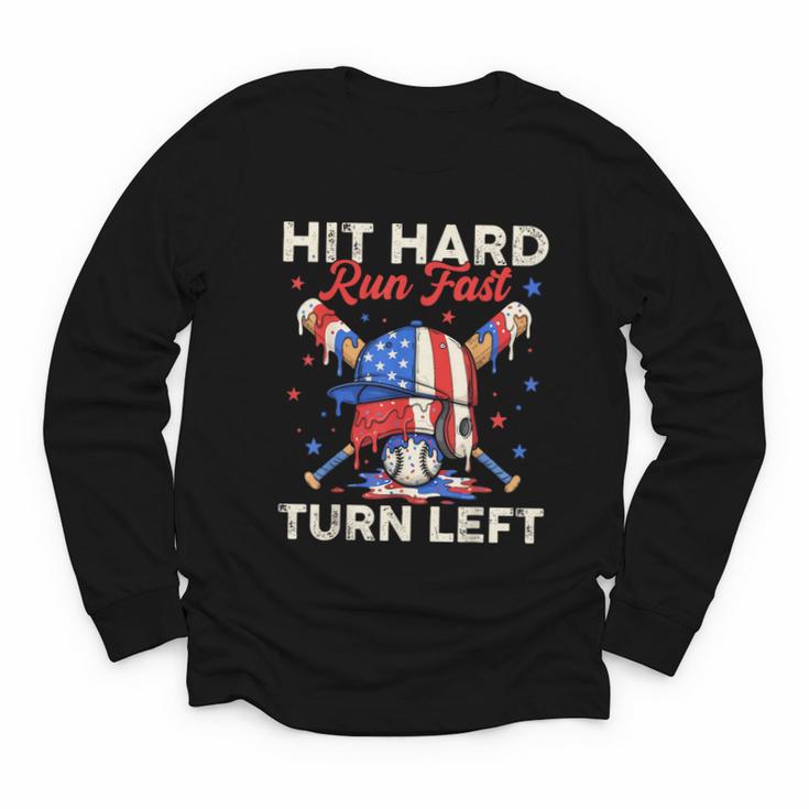 Hit Hard Run Fast Turn Left Baseball Cream Drip Crossed Bats Youth Long Sleeve Tee