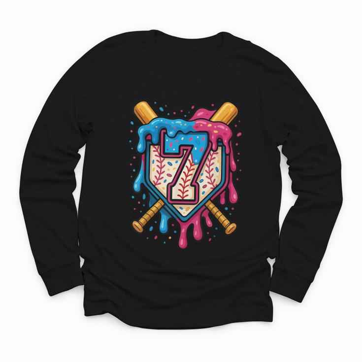 HUGvyn 7th Birthday Baseball Ice Cream Drip Number 7 Kid Boy Youth Long Sleeve Tee