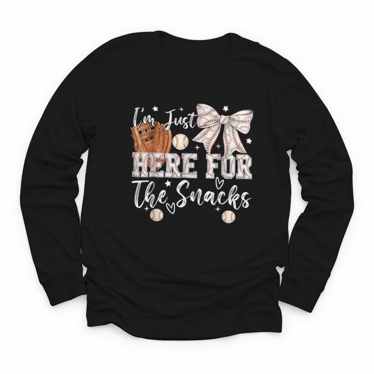 I'm Just Here For The Snacks Baseball Coquette Game Day Girl Youth Long Sleeve Tee