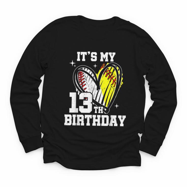 It's My 13th Birthday Baseball Softball Heart 13 Year Old Youth Long Sleeve Tee