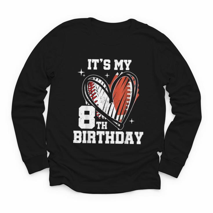 It's My 8th Birthday Baseball Football Heart 8 Year Old Youth Long Sleeve Tee