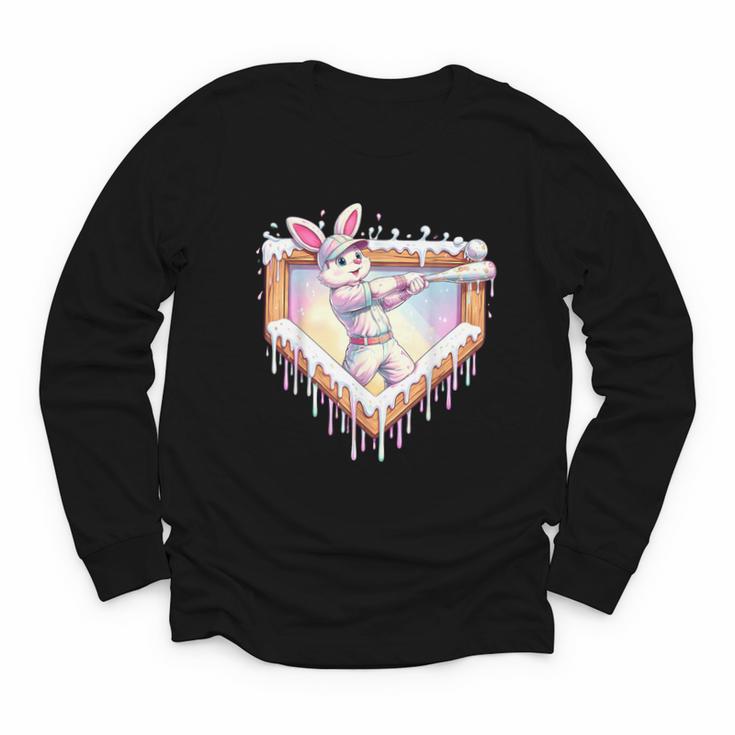 Kids Happy Easter Bunny Playing Baseball Boy Ice Cream Drip Youth Long Sleeve Tee