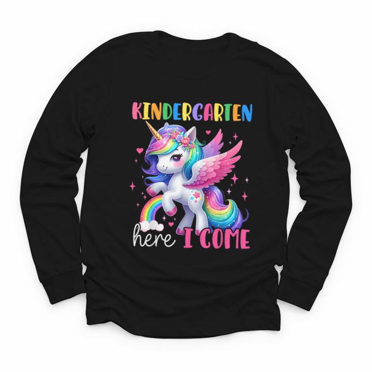 Kindergarten Here I Come Unicorn Girls Kids Back To School Youth Long Sleeve Tee