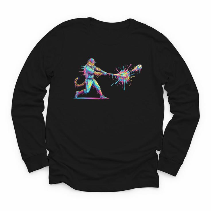 Leopard Baseball Player Ice Cream Drip For Boys Kids Youth Long Sleeve Tee