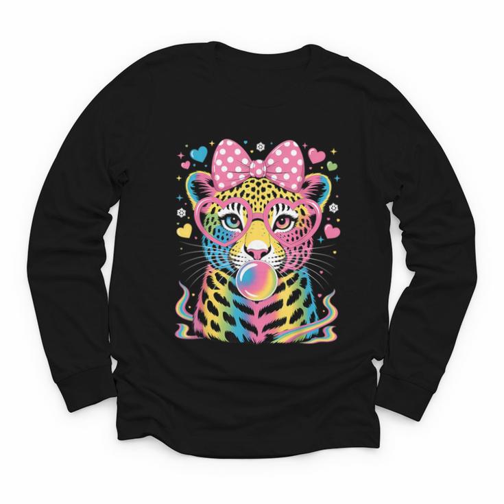Leopard Glasses Blowing Bubble Gum Back To School Kids Youth Long Sleeve Tee