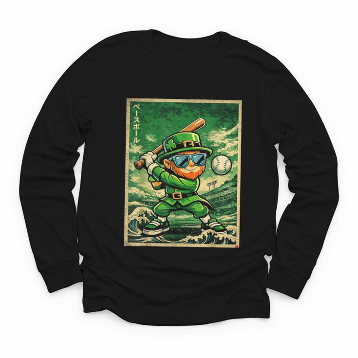 Leprechaun Playing Baseball Japanese Art St Patricks Day Youth Long Sleeve Tee