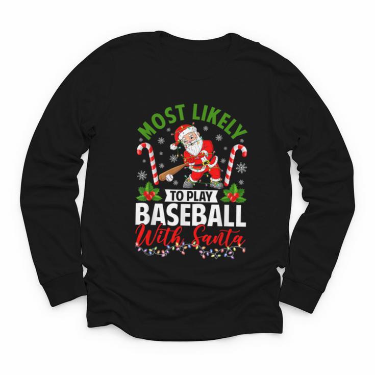 Most Likely To Play Baseball With Santa Christmas Pajamas Youth Long Sleeve Tee