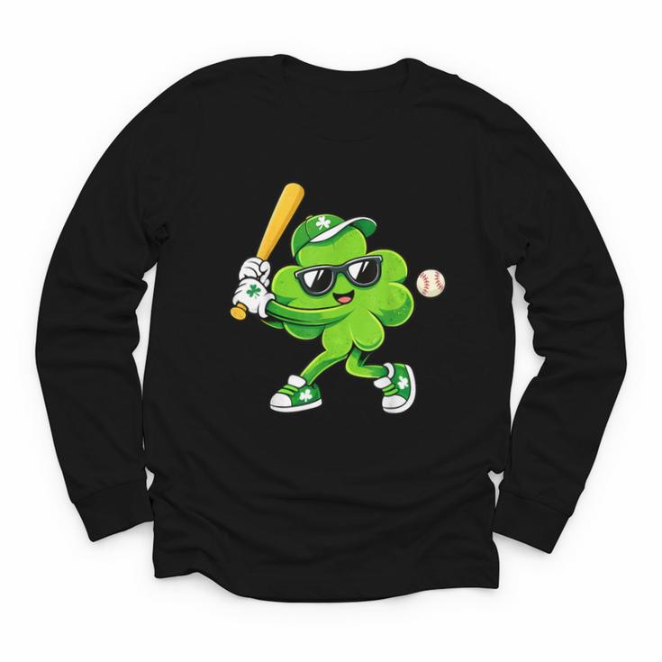 Lucky Shamrock Playing Baseball St Patrick's Kids Boys Youth Long Sleeve Tee