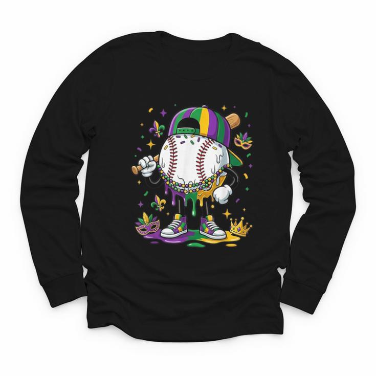 Mardi Gras Ice Cream Drip Baseball Carnival Party Mask Boys Youth Long Sleeve Tee
