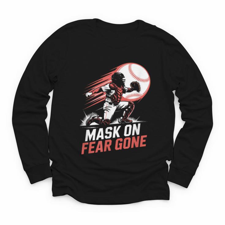 Mask On Fear Gone Baseball Catcher Softball Youth Long Sleeve Tee