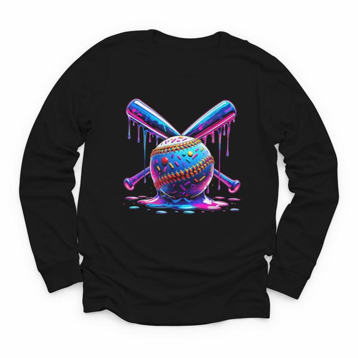 Neon Dripping Baseball And Bats Colorful Sports Art Youth Long Sleeve Tee