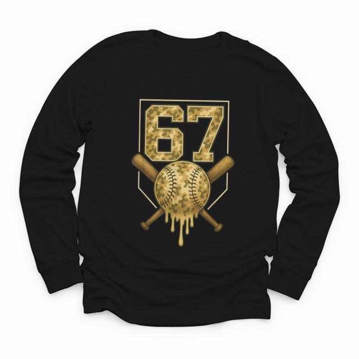 Number 67 Baseball Drip Camo Six Seven Meme Boys Kids Youth Long Sleeve Tee