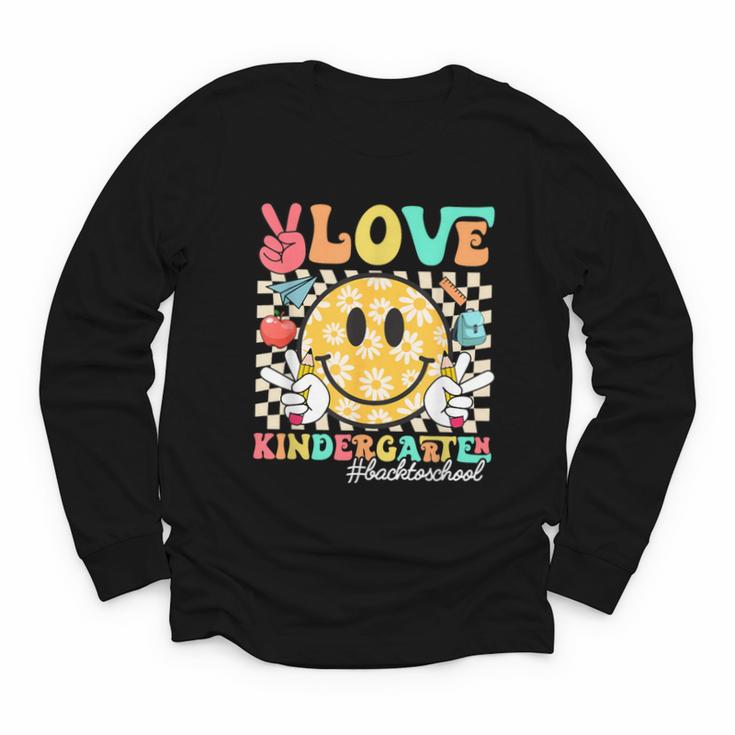 Peace Love Kindergarten Smile Face Back To School Girls Kids Youth Long Sleeve Tee