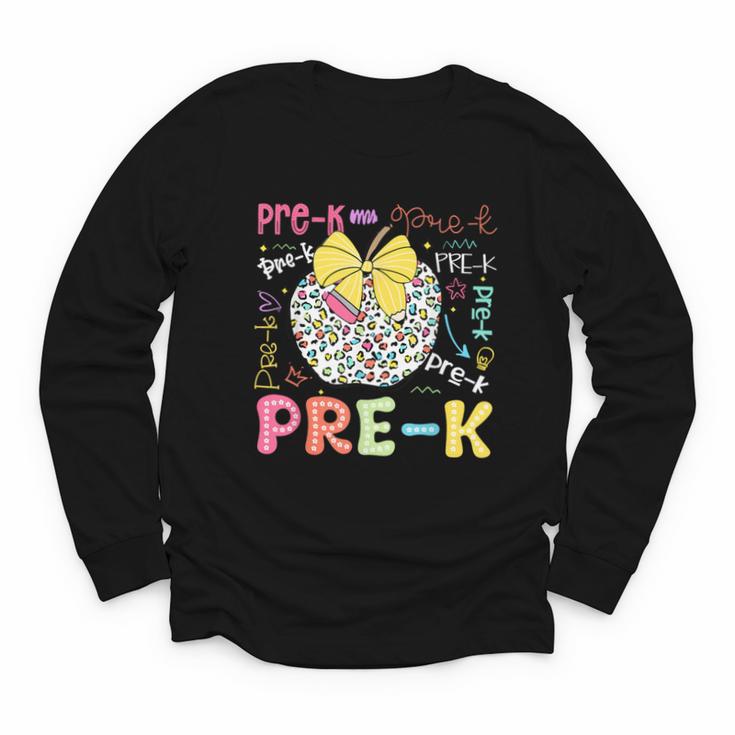 Pre-K Typography First Day Back To School Leopard Apple Youth Long Sleeve Tee