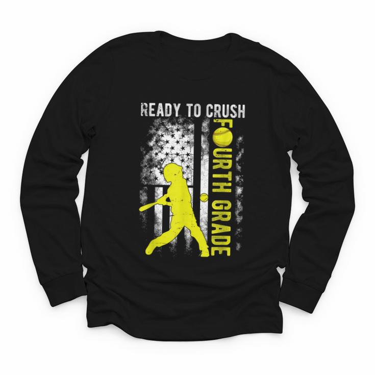Ready To Crush Fourth Grade Softball USA Flag Back To School Youth Long Sleeve Tee