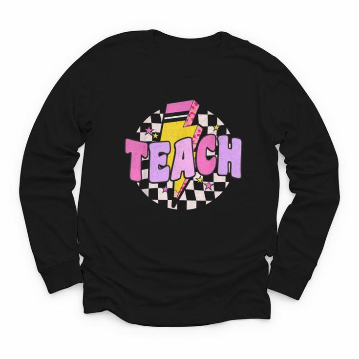 Retro Checkered Teach Pencil Lightning Back To School Youth Long Sleeve Tee
