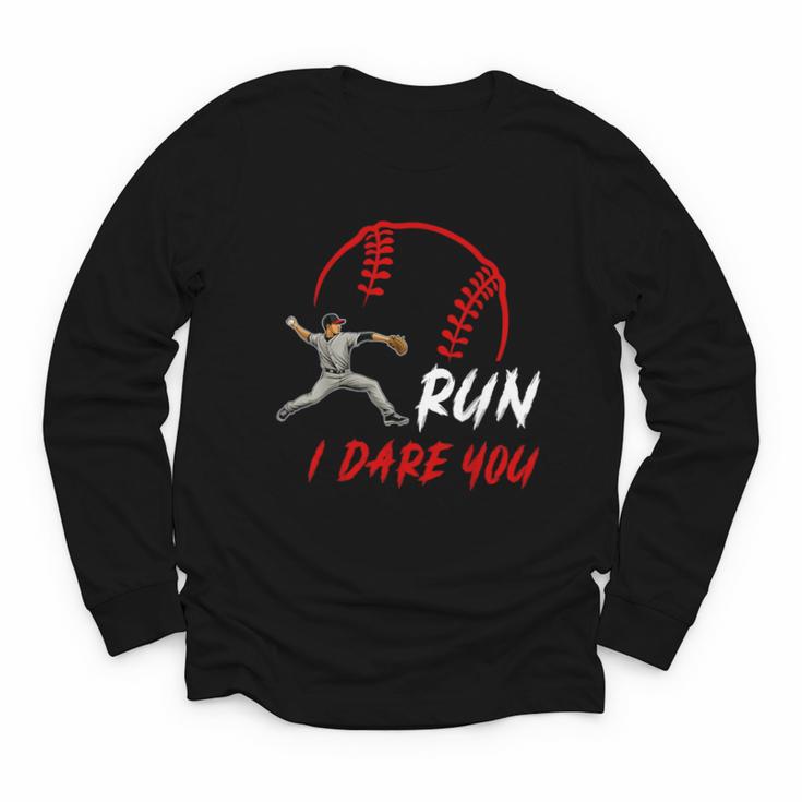 Run Steal I Dare You Humor Baseball Catcher Vintage Youth Long Sleeve Tee