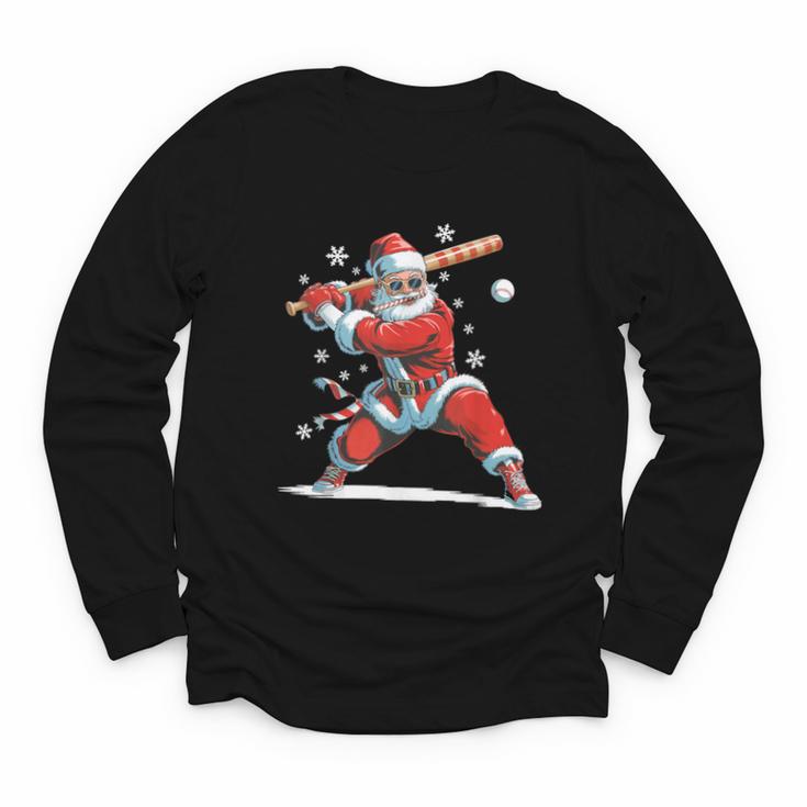 Santa Playing Baseball Christmas Candy Cane Fun Xmas Holiday Youth Long Sleeve Tee