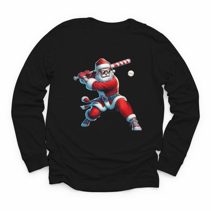 Santa Playing Baseball Men Boys Christmas Baseball Player Youth Long Sleeve Tee