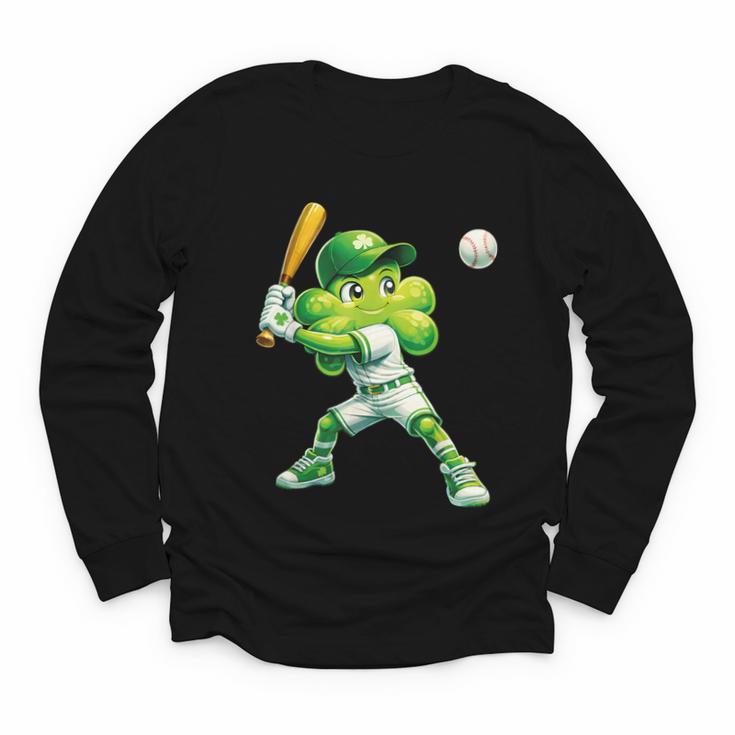 Shamrock Playing Baseball St Patricks Day Men Boys Kid Youth Long Sleeve Tee