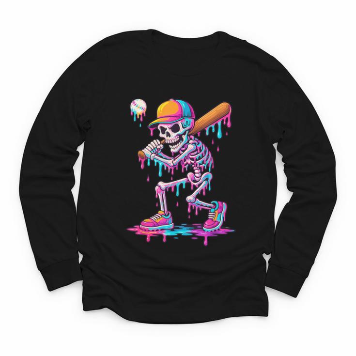Skelton Playing Baseball Halloween Baseball Drip Boys Kids Youth Long Sleeve Tee