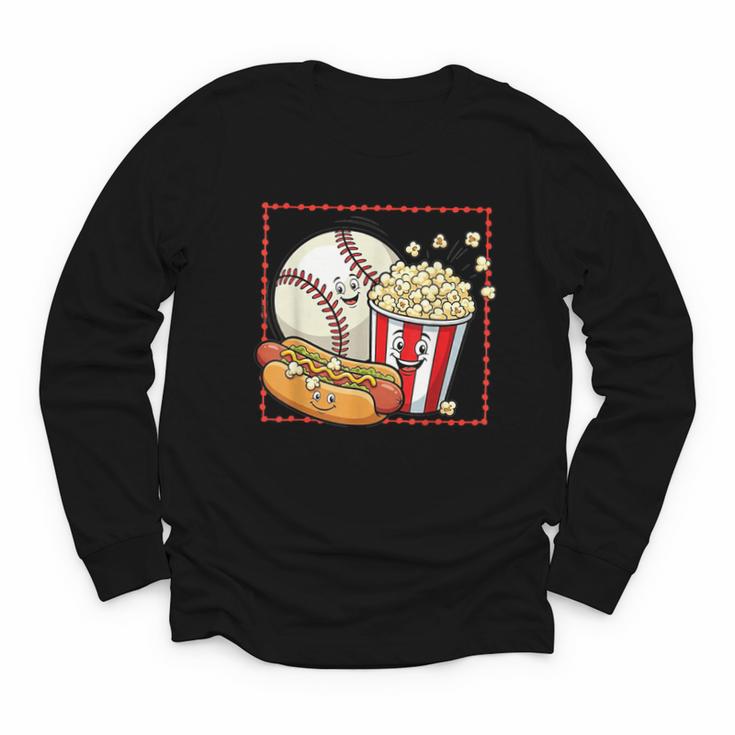 Smiling Baseball Popcorn And Hot-Dog Cartoon Apparel Youth Long Sleeve Tee